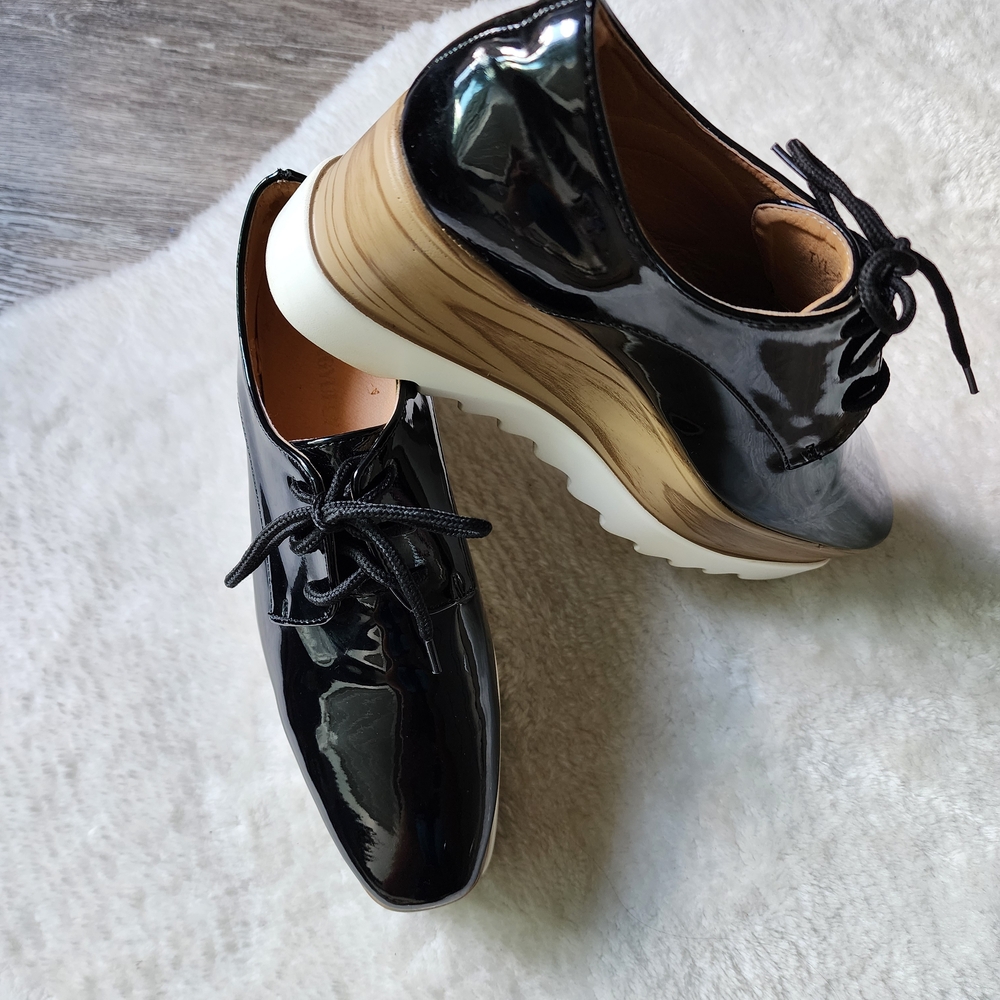 Patent Leather Platform Wedge Oxfords - Size 39